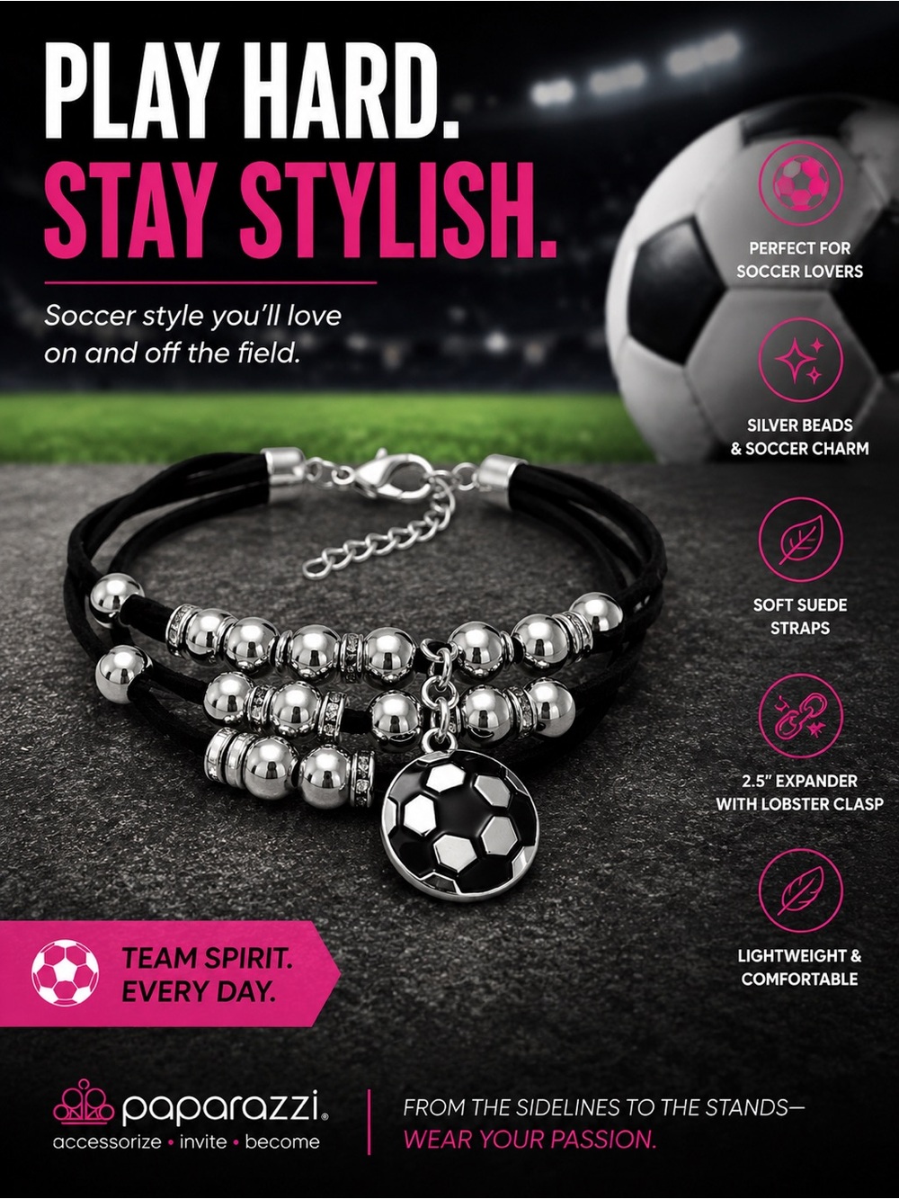paparazzi Black Silver Soccer Charm Multi-Strand Bracelet